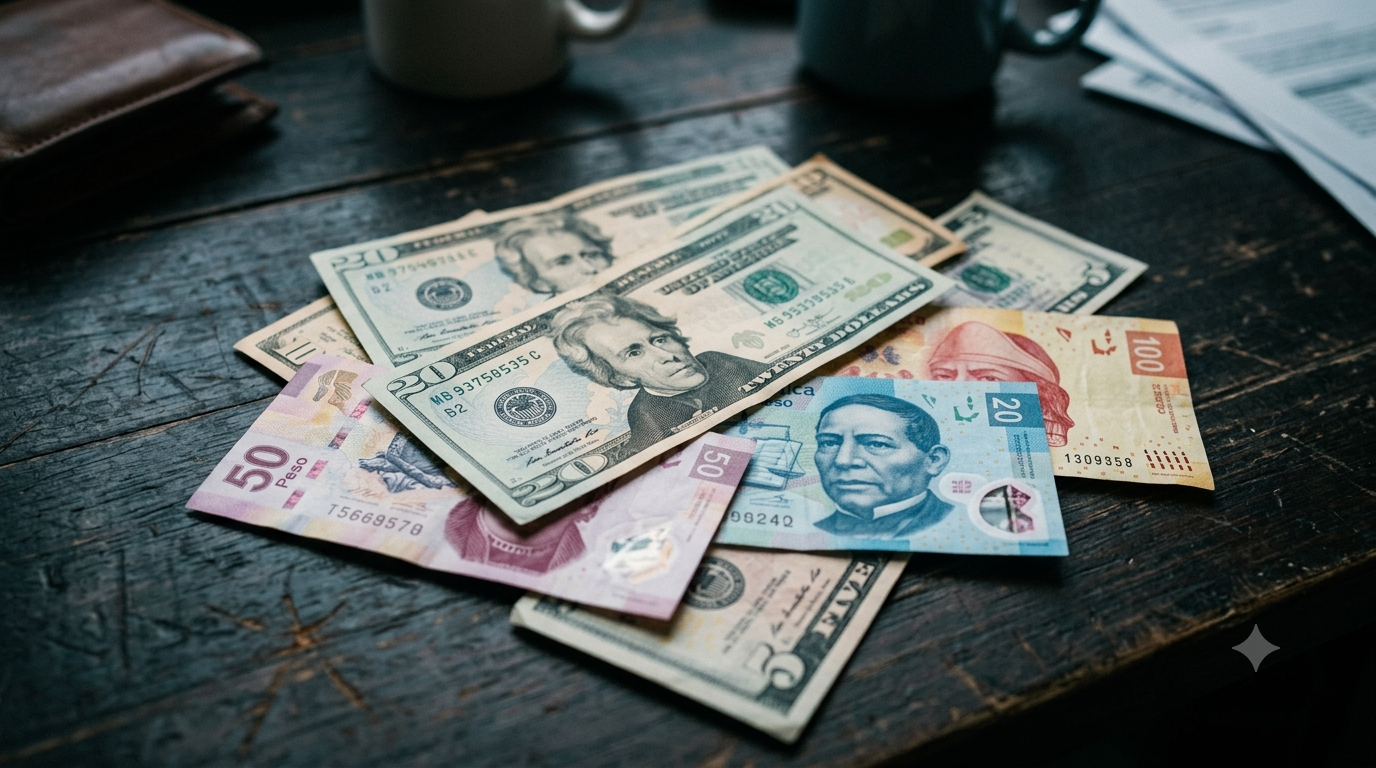 US dollar bills and Mexican peso banknotes side by side on a wooden table