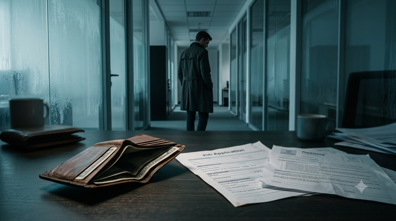 Empty office corridor with a job application and resume on a desk, symbolizing a cooling US labor market